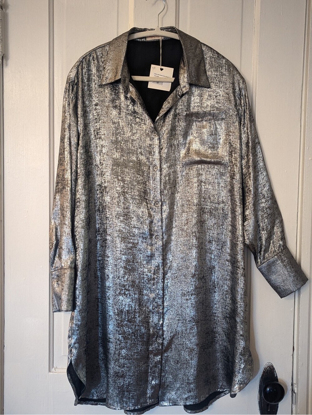 NWT NKN NEKANE METALLIC SILVER SHIRT DRESS | S | OVERSIZED SHIMMER PARTY DRESS